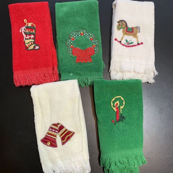 Unbranded Other - Vintage Christmas Hand Towels Lot of 5 Various Brands Canon Martex Etc Red Green